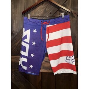 Fox Racing Swim Trunks Board Shorts Sz‎ 22 American Flag Purple Red White
